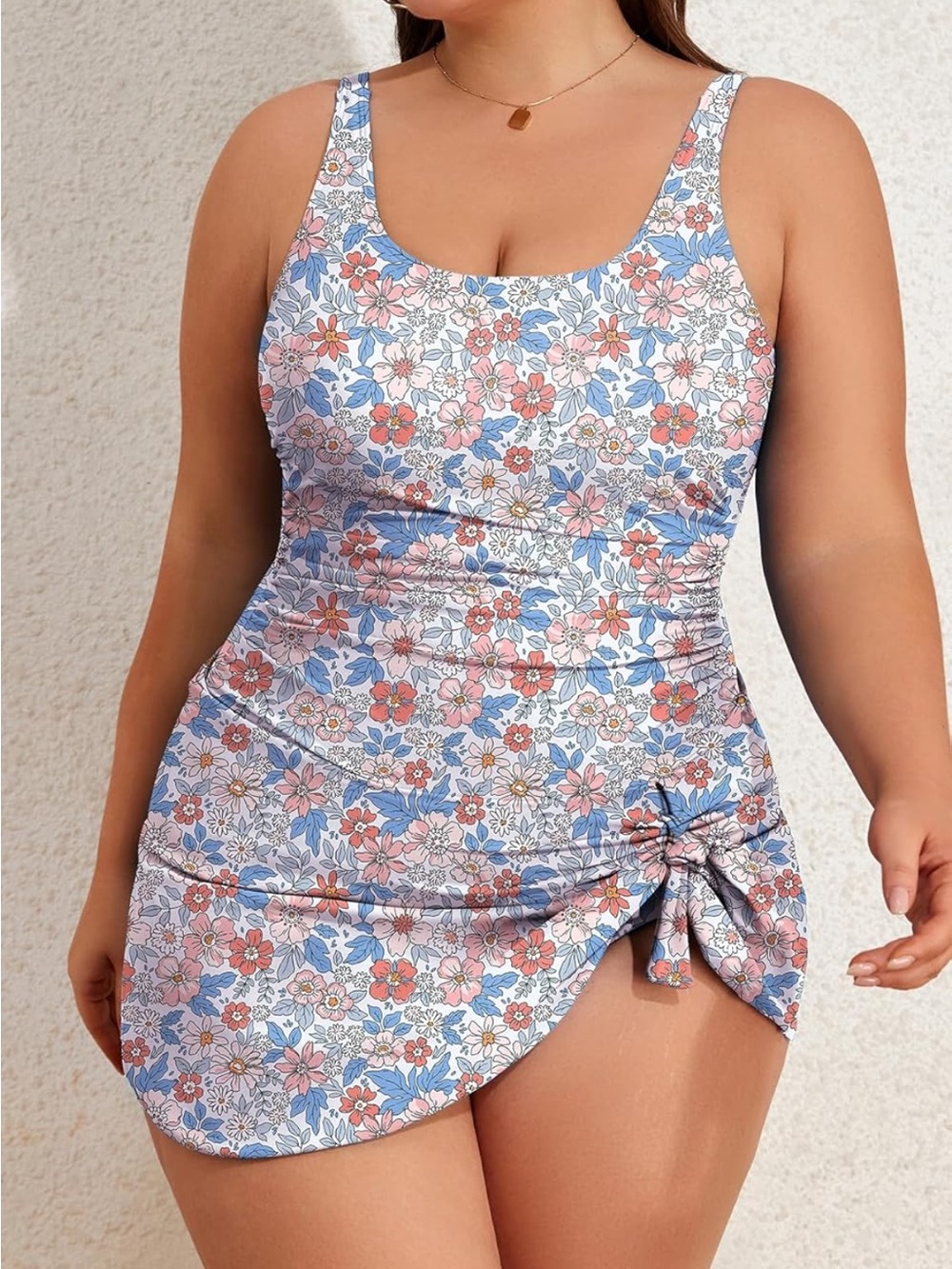 New Eomenie - Floral Tie-Side Tank Dress in Blue & Orange